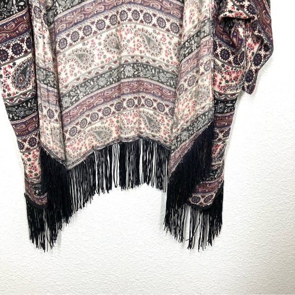 Mauve Anthropology Paisley Kimono Cardigan Medium Fringe Open Front Boho Brown - Picture 15 of 15